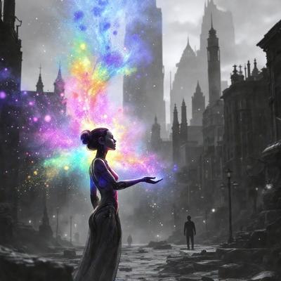 The primary subject of the image is a woman with a colorful, rainbow-colored hair. She is standing in a city street, surrounded by a dark and moody atmosphere. The setting includes a tall building in the background, and the visual style appears to be a digital art or illustration. The colors and mood of the image are predominantly dark and mysterious, with the woman's vibrant hair being the main source of color and light.